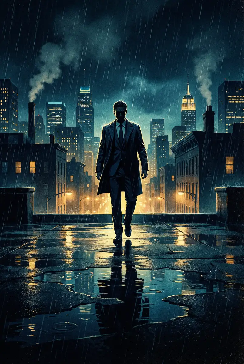 冲上人间 出品影片《雨夜独行者》海报，雨中城市屋顶男性剪影